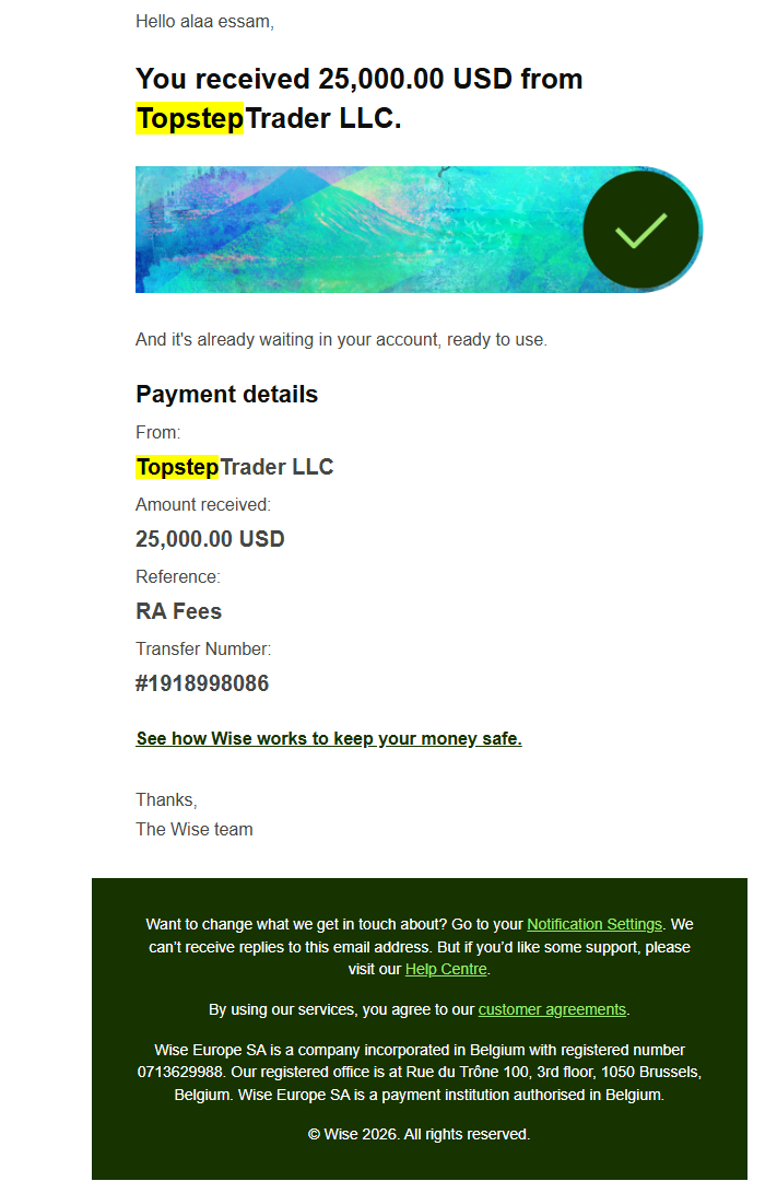 $25,000 Wise payout from Topstep