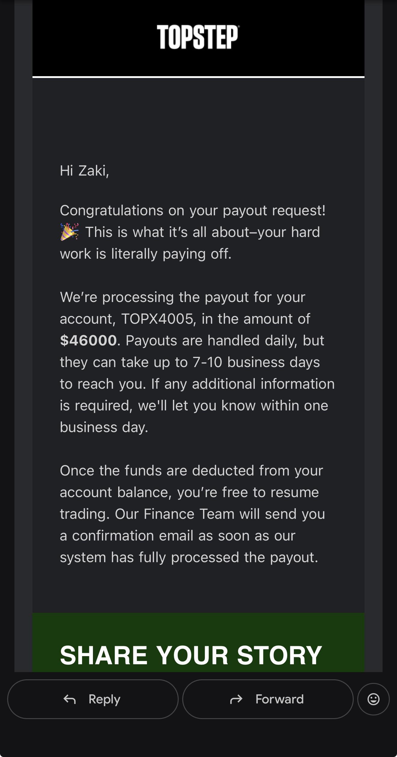 $46,000 Topstep payout